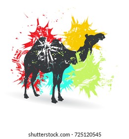 Camel on background with color spots. Grunge vector illustration