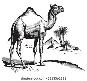 Camel on the background of the pyramids hand drawn sketch illustration