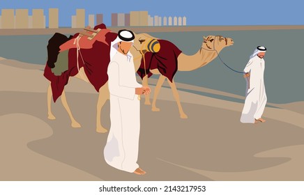 Camel on the beach and bay with cityscape building behind. Tourist destination in Qatar