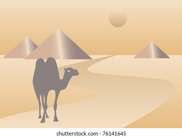 Camel on desert and three Pyramid