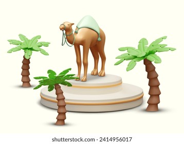 Camel on podium between palm trees. Vector composition in cartoon style. Zoo advertisement. Domesticated east animal. Trip to tropical countries. Template for web design