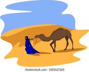 Camel on sand, illustration, vector on white background.