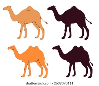 Camel with one or two humps on back silhouette. Dromedary dromedary. Arabic travel and transportation. Sahara journey. Wild and domestic mammal. Desert animal icon