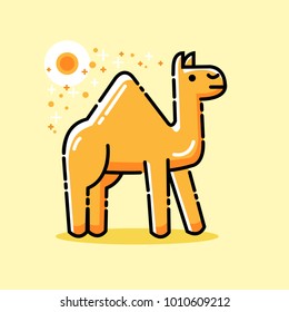 camel orange walks on the sand on a yellow background