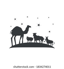 camel ox donkey and sheep animals night vector illustration silhouette