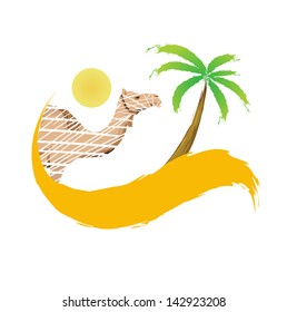 Camel and palm tree in the desert, vector illustration