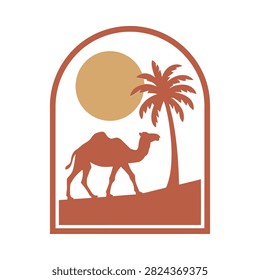 Camel palm tree and sun silhouette within an arched frame