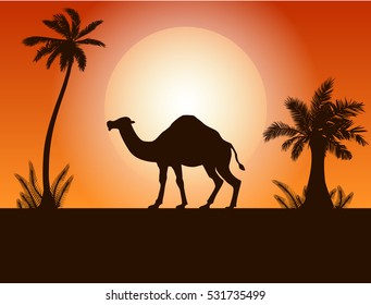 camel and palm trees in the desert (silhouette) vector illustration