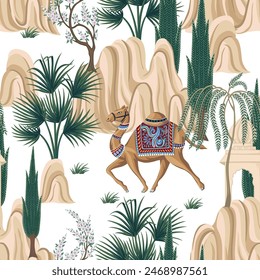 Camel, palms, mountain and architecture in the desert oriental pattern. Asian wallpaper.	