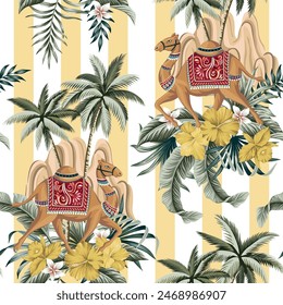Camel, palms, mountain, hibiscus flower, orchid, tropical leaf seamless pattern stripe background. Asian wallpaper.	