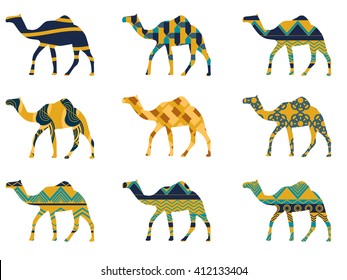 Camel with a pattern isolated on white. Set of vector illustrations.