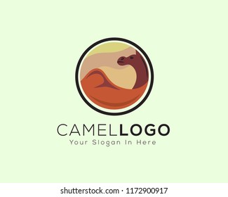 Camel pictures with desert are circled logo