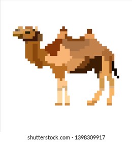 Camel pixel art color icon game. Pixel art camel symbol, logo. Lined, ruled animal, camel black pixelated silhouette. Dotted pop art Camel vector illustration.
