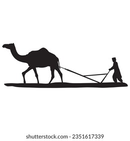 Camel plowing or ploughing silhouette vector illustration