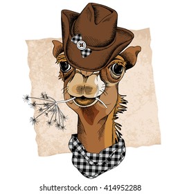 Camel portrait in a cowboy hat and with branch. Vector illustration.