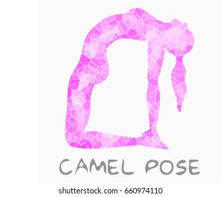 Camel Pose Asana, Ustrasana Yoga. Geometric texture of voronoi pattern in pink shades vector illustration.