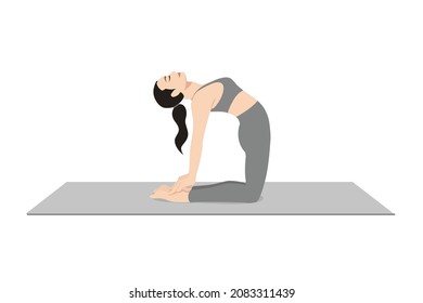 Camel Pose, Beautiful girl practice Ustrasana. Young attractive woman practicing yoga exercise. working out, black wearing sportswear, grey pants and top, indoor full length, calmness and relax.