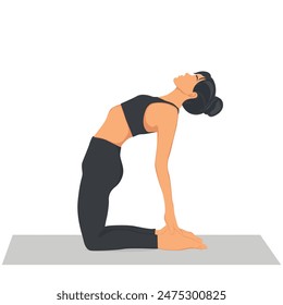 Camel Pose, Beautiful girl practice Ustrasana. Yogi girl performing physical activity isolated on light background. Flat vector illustration.
