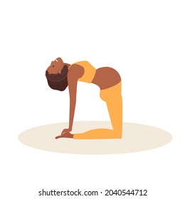 Camel Pose. Pregnant African American woman doing yoga. Woman in sportswear doing floor exercises on mat. Women healthy life style concept. Active lifestyle and baby health care. Prenatal Ustrasana.