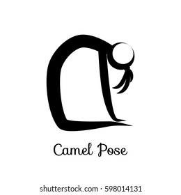 Camel Pose, Ustrasana. Yoga Position. Vector Silhouette Illustration. Vector graphic design or logo element for spa center, studio, poster. Yoga retreat. Black. Isolated.