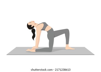 Camel Pose Variation One Leg In Front. Beautiful girl practice Ustrasana Variation One Leg In Front. Young attractive woman practicing yoga exercise. working out, black wearing sportswear, grey pants