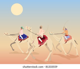 camel race with three camels and riders in the desert in eps 10 vector format