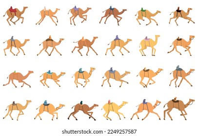 Camel racing icons set cartoon vector. Race activity. Camel animal