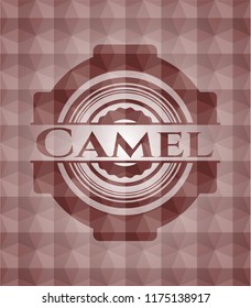 Camel red seamless emblem or badge with abstract geometric polygonal pattern background.