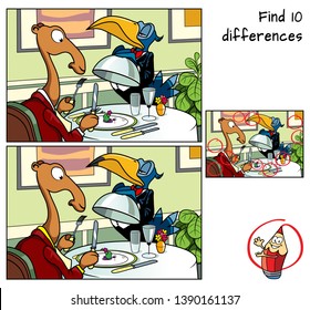 Camel in a restaurant. Find 10 differences. Educational matching game for children. Cartoon vector illustration