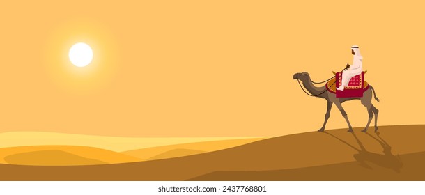 A camel rider crosses the sandy desert. Caravan against the backdrop of the sunset.