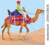 Camel and Camel Rider, Decorated saddle. Man upon wildlife animal with hump. Safari transportation. 