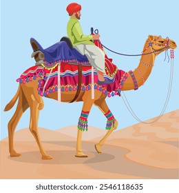 Camel and Camel Rider, Decorated saddle. Man upon wildlife animal with hump. Safari transportation. 