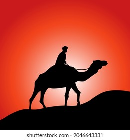 Camel and rider in desert black silhouette vector illustration. Red sunrise or sunset background.