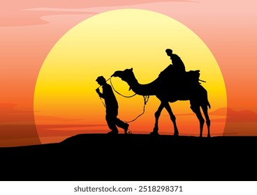 Camel and rider in desert black silhouette vector illustration. Red sunrise or sunset background.