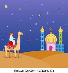 Camel rider going to mosque at desert cartoon character.