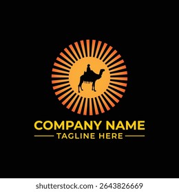 Camel Rider Silhouette in the Desert Sun Logo