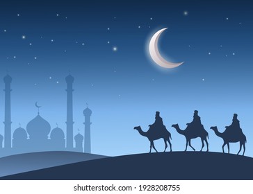 Camel riders in the sand desert. Caravan on the background of the night starry sky. Vector illustration