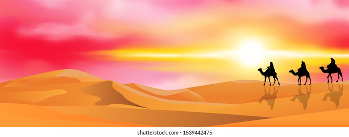 Camel riders in a sandy desert. Caravan on a sunset background.