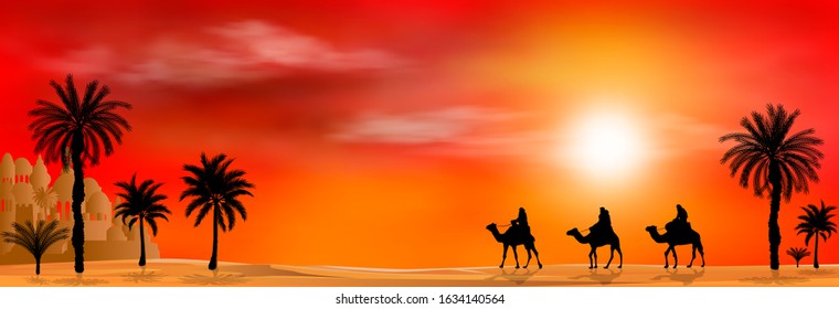 Camel riders in a sandy desert. Caravan on a sunset background. Palm tree.