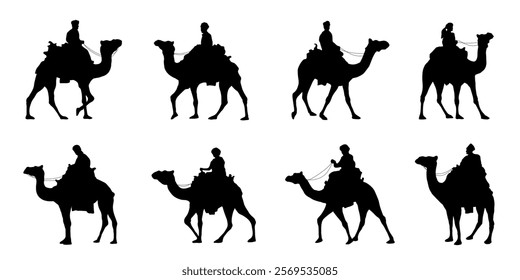 camel riders silhouettes on the white background