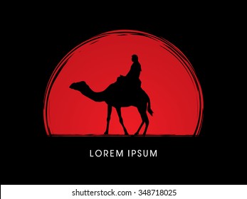 Camel riding designed on sunset background graphic vector