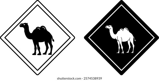 Camel Road Signs. Black and White Vector Icons. Road Sign Warning Animals Crossing The Road. Zoo Sticker