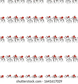 Camel roses caravan seamless pattern. Line pattern design. Africa hand drawn vector illustration. Linear black sketch on white background.