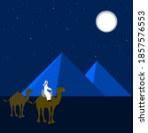 camel rover illustration vector design with pyramid view at night with starry sky under full moon