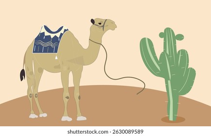 Um Camelo com Sela e Cacto Selvagem Verde no Deserto, Camelo e Cacto no Vetor Ilustração Deserto.