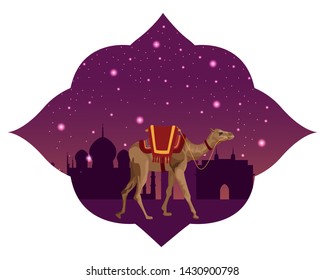 camel with saddlery with arabic shape frame and monuments silhouettes icon cartoon vector illustration graphic design