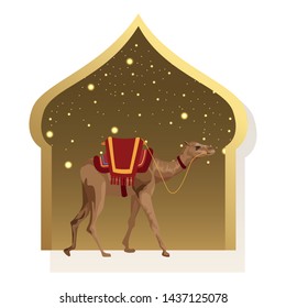camel with saddlery with arabic shape frame icon cartoon vector illustration graphic design