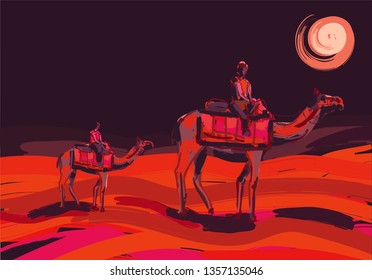 Camel safari at night in desert illustrated art