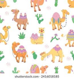 Patrón sin fisuras del camello. Impresión de tela de camellos de dibujos animados, animales lindos al estilo árabe. Diseño decorativo para niños con personajes divertidos, hoy en día fondo vectorial