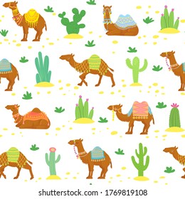 Camel seamless pattern. Cute cartoon desert camels among cactuses. Egyptian ethnic vector wallpaper texture. Camel africa pattern, summer seamless illustration